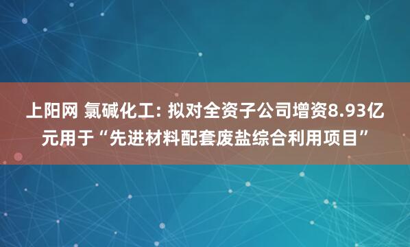 上阳网 氯碱化工: 拟对全资子公司增资8.93亿元用于“先进材料配套废盐综合利用项目”